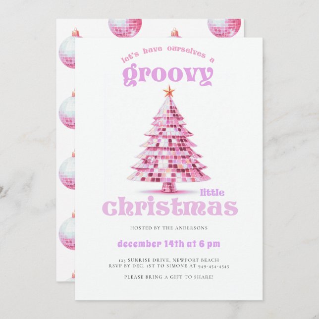 Groovy Little Christmas Disco Pink Christmas Party Einladung (Vorne/Hinten)