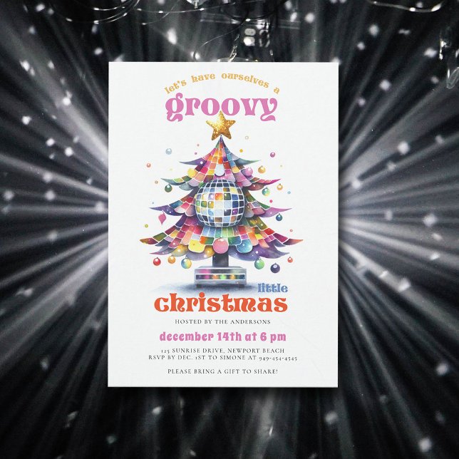 Groovy Little Christmas Disco Tree Weihnachts-Part Einladung (groovy little christmas party disco tree 70s nostalgia retro vintage rainbow merry bright watercolor)