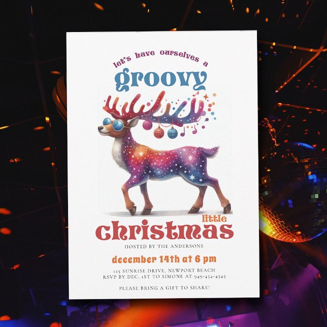 Groovy Little Disco Rentier Funny Christmas Party Einladung (groovy little christmas party hippie disco reindeer 70s nostalgia retro vintage invitation)