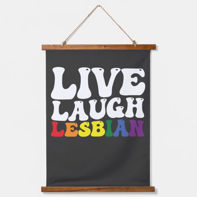 Groovy Live Laugh Lesbian LGBT Pride Wandteppich Mit Holzrahmen (Vorderseite)