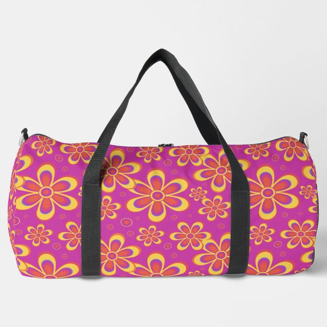 Groovy Magenta Blumenmuster Große Duffle Tasche (Vorderseite)