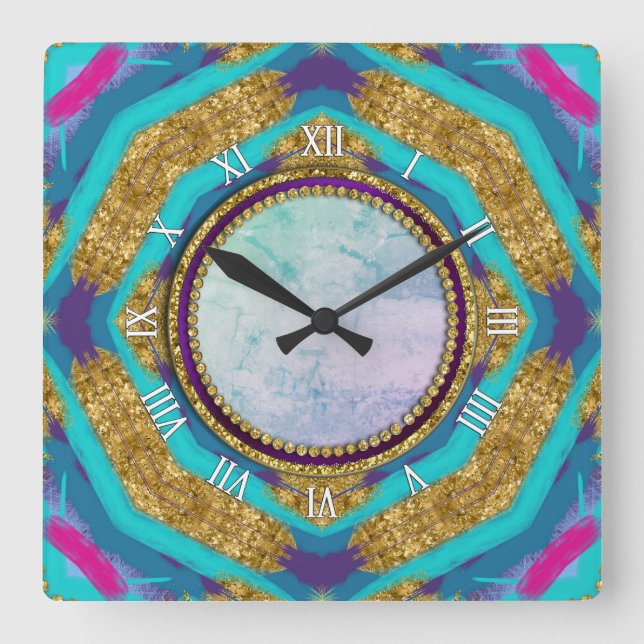 Groovy Mandala Aqua Blue Lila Wall Clock Quadratische Wanduhr (Vorderseite)