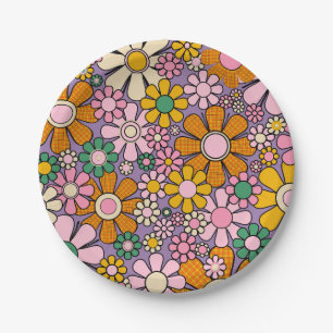 Groovy Maximalist Retro Garden Gingham Blume Pappteller