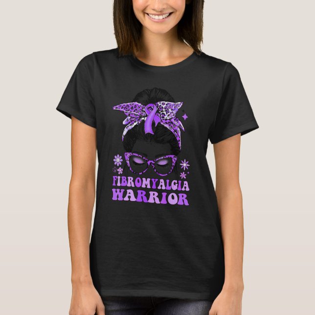 Groovy Messy Bun Leopard Purple Ribbon Fibromyalgi T-Shirt (Vorderseite)