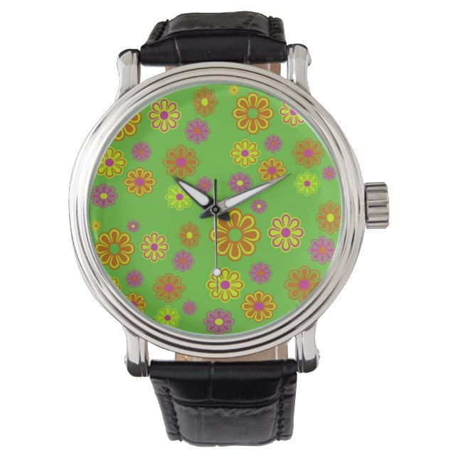 Groovy Mod Pop Blume Limon, gelb und orange Armbanduhr (Vorderseite)