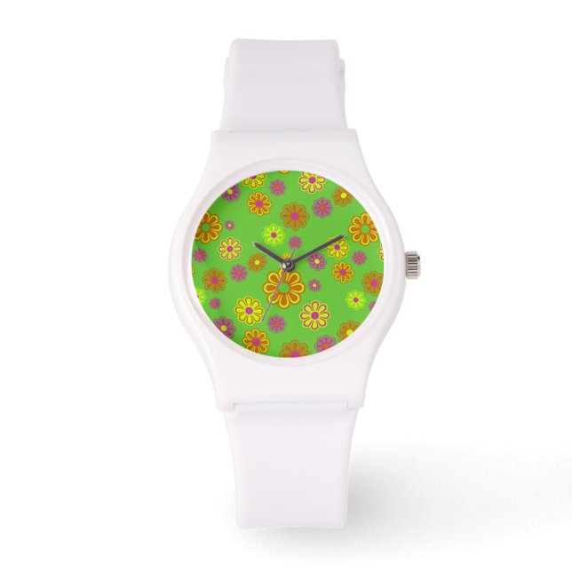 Groovy Mod Pop Blume Limon, gelb und orange Armbanduhr (Vorderseite)