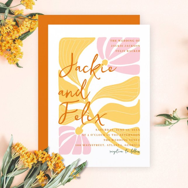 Groovy moderne, blumengelbe und rosa Hochzeit Einladung (Boho Chic Retro Colorful Floral Wedding Invitation)