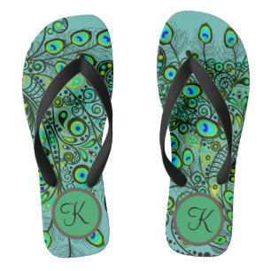 Groovy Monogram Neon Green Peacock Feathers Dreh F Flip Flops