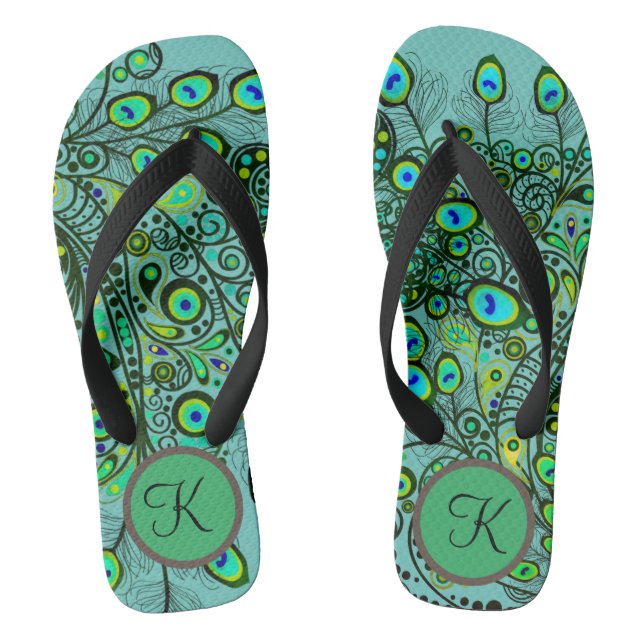 Groovy Monogram Neon Green Peacock Feathers Dreh F Flip Flops (Fußbett)