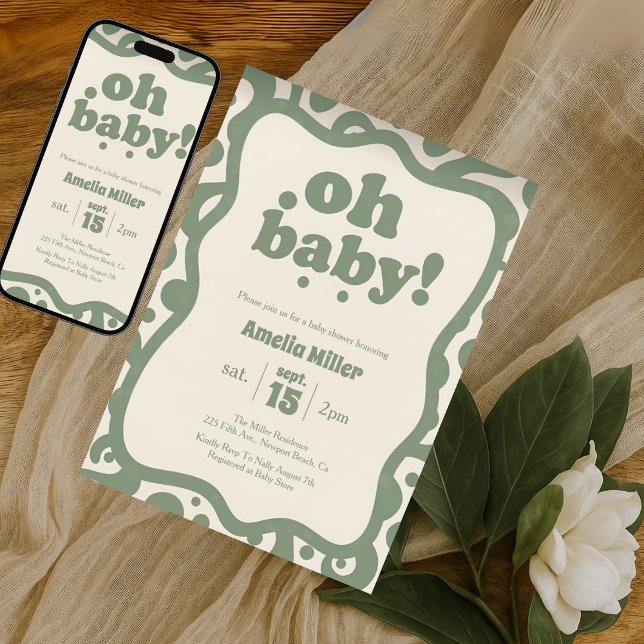 Groovy Oh Baby Shower | Retro 70s Sage Green Einladung (Von Creator hochgeladen)