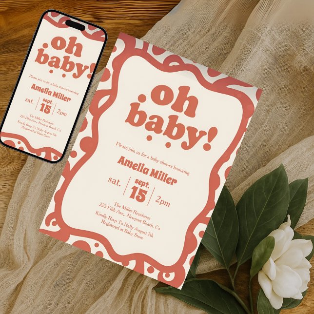 Groovy Oh Baby Shower | Retro 70s Terracotta  Einladung (Von Creator hochgeladen)