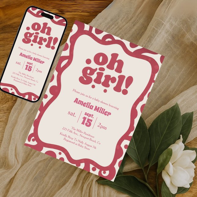 Groovy Oh Girl | Retro Pink 70s baby shower Einladung (Von Creator hochgeladen)