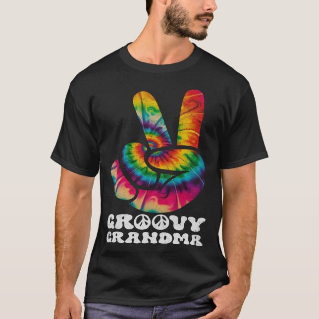 Groovy Oma Hand Peace Sign Hippie Gefärbte Krawatt T-Shirt (Vorderseite)