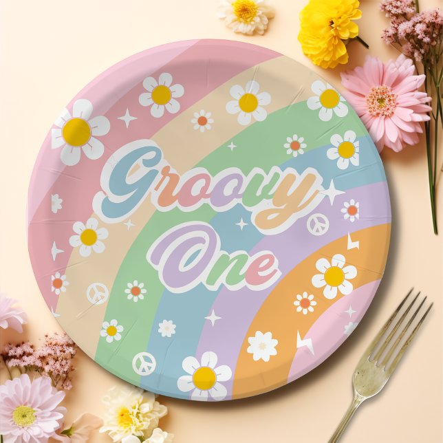 Groovy One Boho Daisy Rainbow Pappteller (Von Creator hochgeladen)