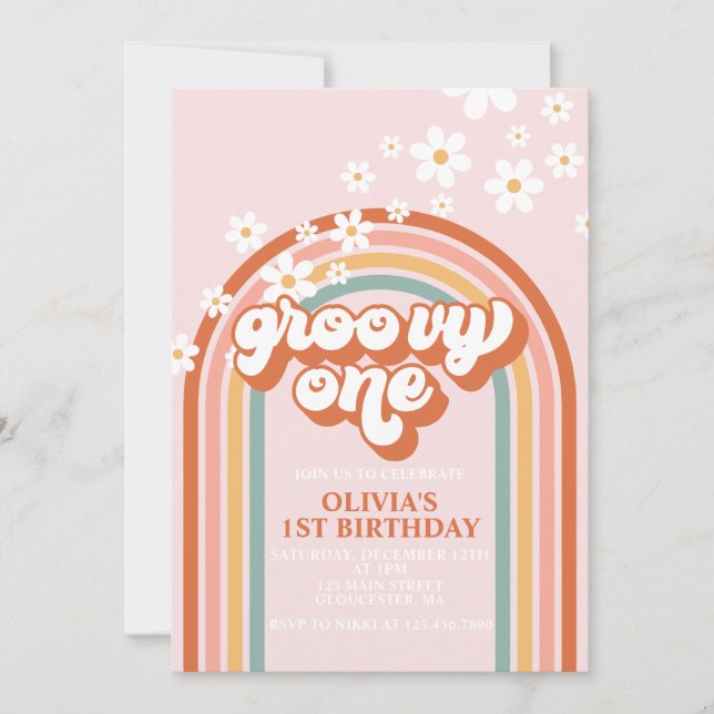 Groovy One boho daisy Regenbogen erster Geburtstag Einladung (Vorderseite)