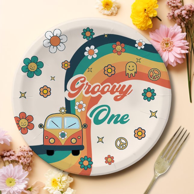Groovy One Boho Retro Rainbow Birthday Party Pappteller (Von Creator hochgeladen)