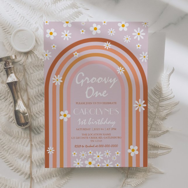 Groovy One Daisy Boho Rainbow 1. Geburtstag Einladung (Von Creator hochgeladen)