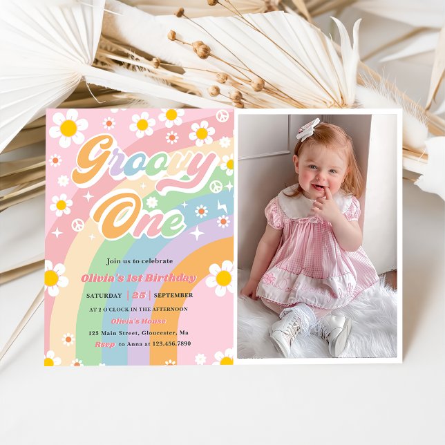 Groovy One Daisy Rainbow 1st Birthday Party Foto Einladung (Von Creator hochgeladen)