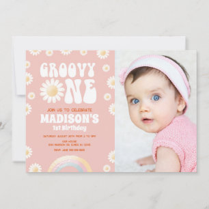 Groovy One Daisy Regenbogen Retro Foto 1. Geburtst Einladung