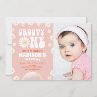 Groovy One Daisy Regenbogen Retro Foto 1. Geburtst Einladung