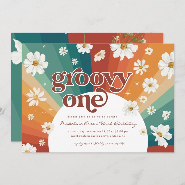 Groovy One erster Geburtstag | Retro Daisy Rainbow Einladung (Vorne/Hinten)