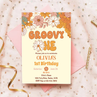 Groovy One Floral Retro 1. Geburtstag Einladung