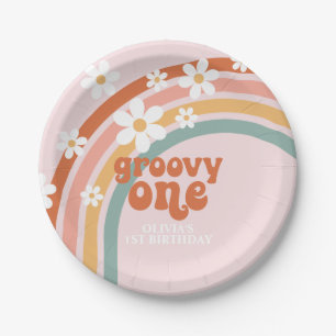 Groovy One Gänseblümchen Boho Blumen Regenbogen 1. Pappteller
