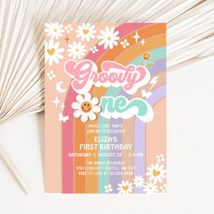Groovy ONE Gänseblümchen Regenbogen Hippie Retro G Einladung