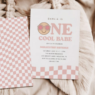 Groovy One Girls Checkered Happy Face | Geburtstag Einladung
