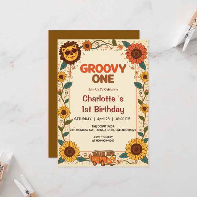 Groovy One Löwe Geburtstag Retro 70er Erster Gebur (Vorderseite/Rückseite Beispiel)