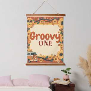 Groovy One Löwe Geburtstag Retro 70er Erster Gebur Wandteppich Mit Holzrahmen