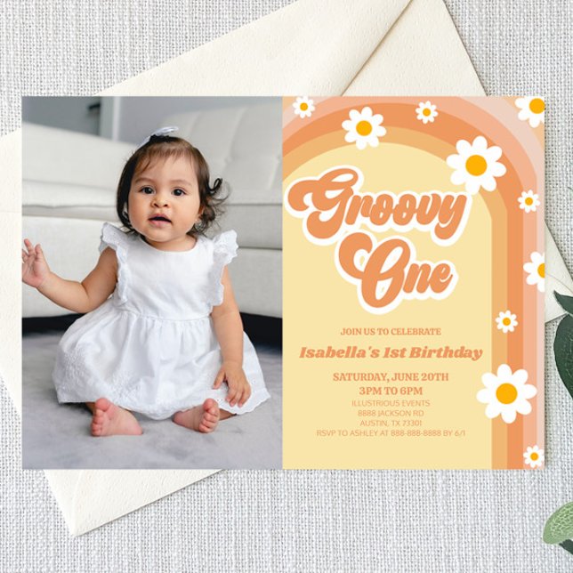 Groovy One Orange Retro Daisy 1st Birthday Party Einladung (Von Creator hochgeladen)