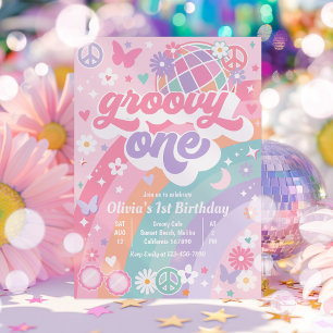 Groovy One Pastel Pink Rainbow 1. Geburtstag Party Einladung