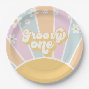 Groovy One Pastell Retro Sonnenschein Gänseblümche Pappteller