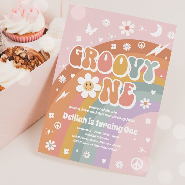 Groovy One Peace Liebe Party Rainbow Birthday Part Einladung (Von Creator hochgeladen)