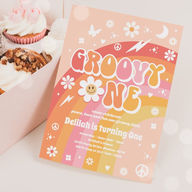 Groovy One Peace Liebe Party Rainbow Birthday Part Einladung (Von Creator hochgeladen)