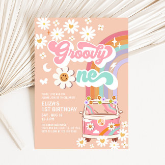 Groovy ONE Pink Daisy Rainbow Van 1. Geburtstag Einladung