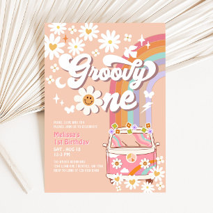 Groovy ONE Pink Daisy Regenbogen Hippie 1. Geburts Einladung