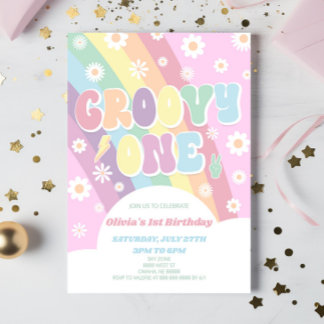 Groovy One Rainbow Daisy Retro 1. Geburtstag Party Einladung