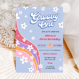 Groovy One Rainbow Floral 1. Geburtstag Party Einladung