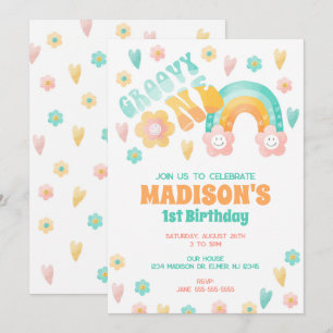 Groovy One Rainbow Flower 70er Retro 1. Geburtstag Einladung