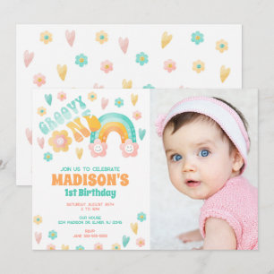 Groovy One Rainbow Flower 70er Retro 1. Geburtstag Einladung
