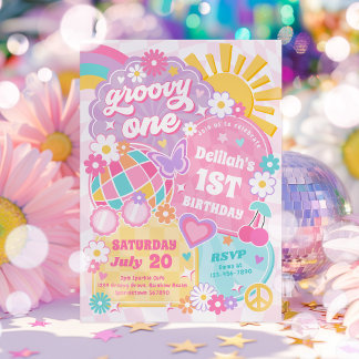 Groovy One Rainbow Sunshine 1. Geburtstag Party Einladung