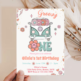 Groovy One Retro Blume 1. Geburtstag Einladung