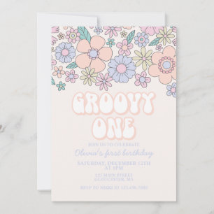 Groovy One Retro Blumen 1. Geburtstagseinladung Einladung