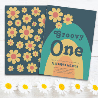 Groovy One Retro Boho 1. Geburtstag Party Einladung