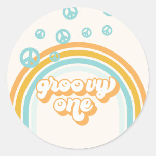 Groovy One Retro Boy 1. Geburtstagspapier-Teller Runder Aufkleber