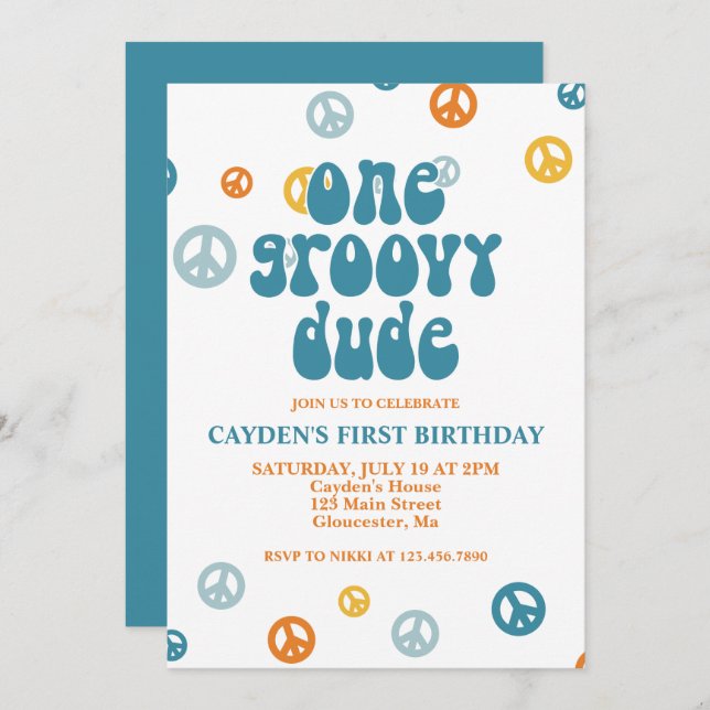 Groovy One Retro Boy Einladung zum ersten Geburtst (Vorne/Hinten)