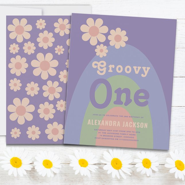 Groovy One Retro Daisy 1. Geburtstag Party (Groovy one retro daisy arch pastel purple blue green and pink 1st birthday party invitation )