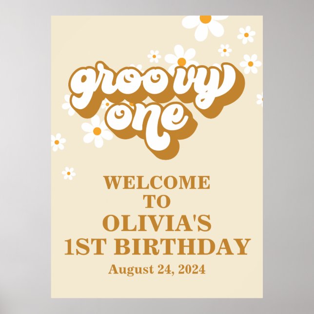 Groovy One Retro Daisy 1. Geburtstag Willkommen Poster (Vorne)